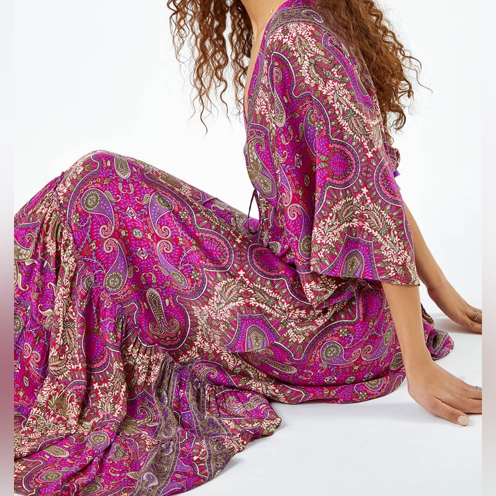 Bohemian flared paisley pink maxi dress one size 100% Viscose - Picture 17 of 17